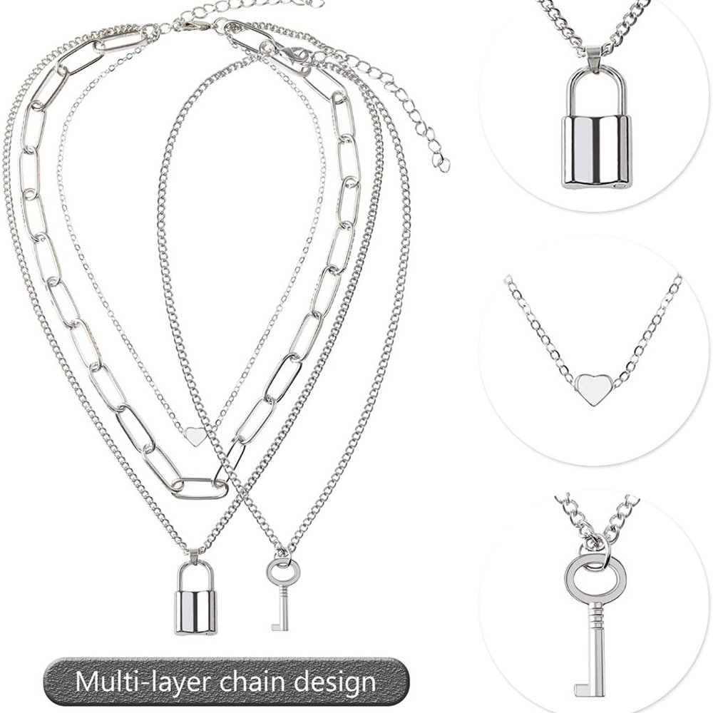 2 Layered Lock Key Pendants Necklaces Set - Picture 5 of 6